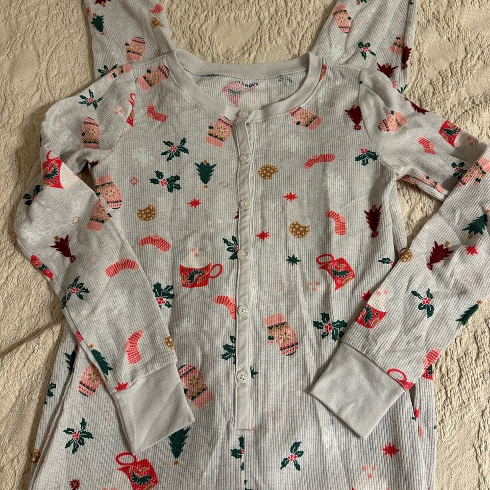 Old Navy Festive Pajama onesie - Gray with Red and Green Accents